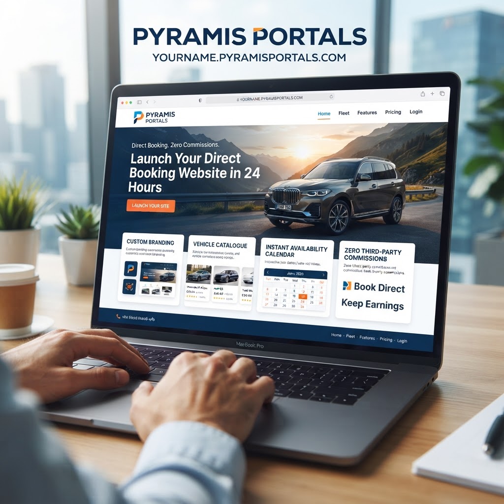 Laptop on a desk showing a branded car rental booking site