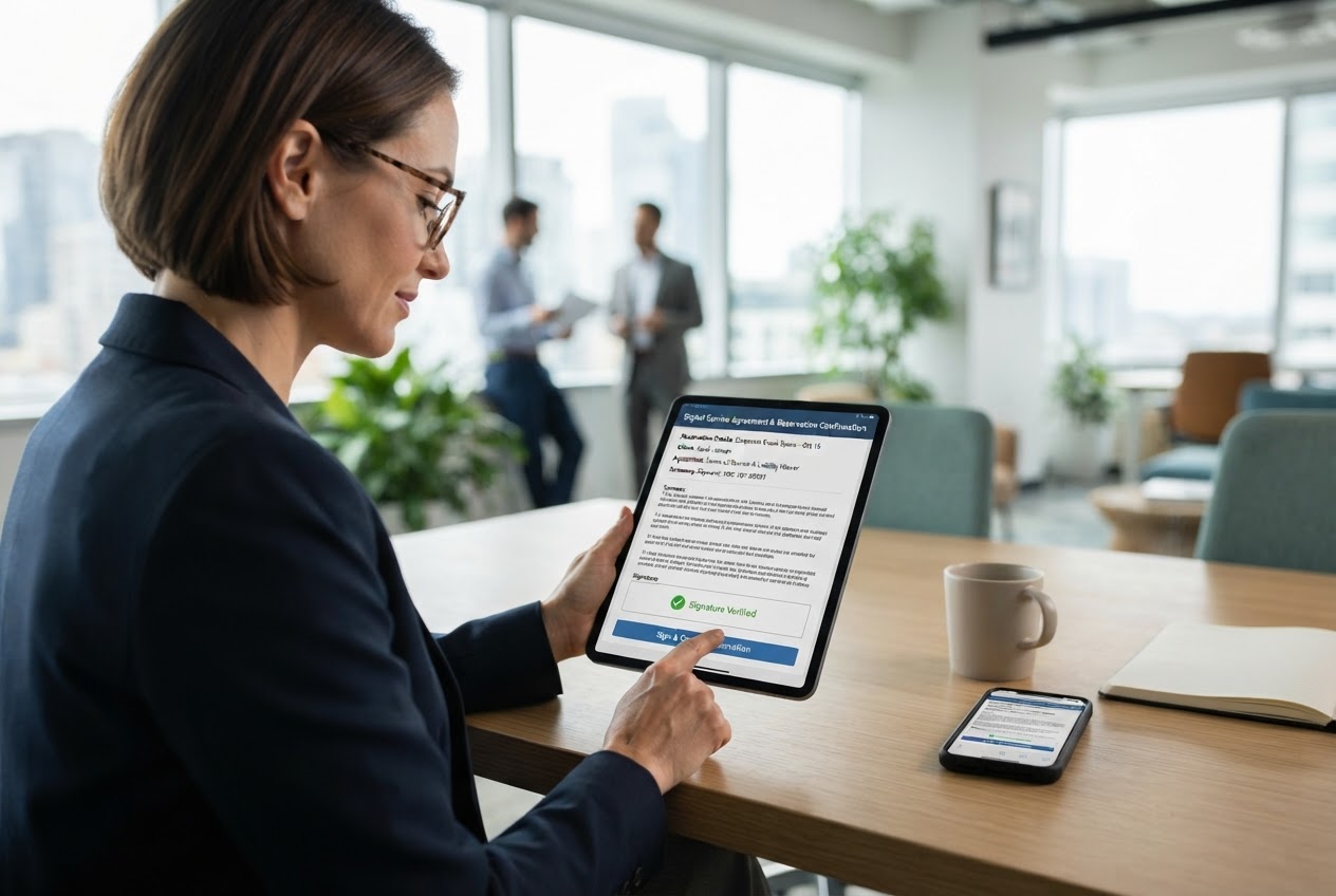 Operator reviewing a booking and contract on a laptop